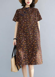 Simple Chocolate Print Oriental Maxi Summer Cotton Dress - bagstylebliss