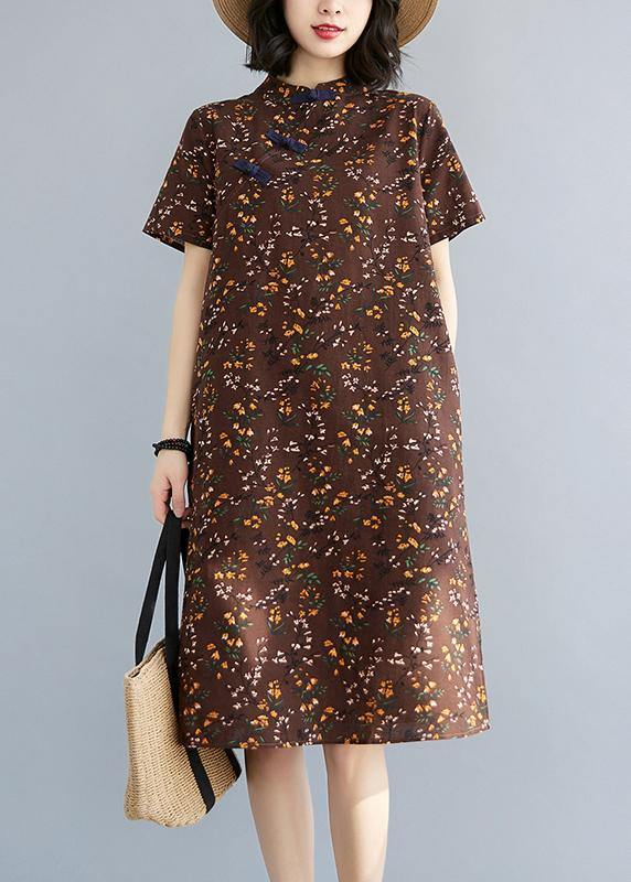 Simple Chocolate Print Oriental Maxi Summer Cotton Dress - bagstylebliss