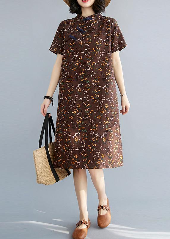 Simple Chocolate Print Oriental Maxi Summer Cotton Dress - bagstylebliss