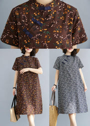 Simple Chocolate Print Oriental Maxi Summer Cotton Dress - bagstylebliss