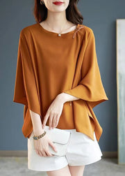 Simple Coffee O-Neck Asymmetrical Chiffon T Shirts Summer