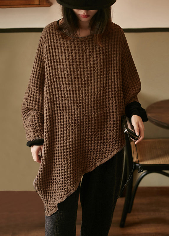 Simple Coffee O-Neck Asymmetrical Linen Top Long Sleeve