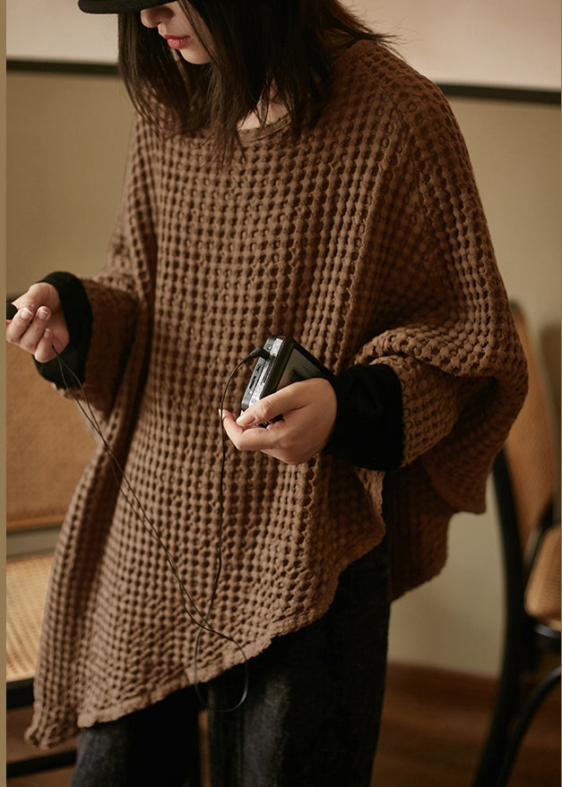 Simple Coffee O-Neck Asymmetrical Linen Top Long Sleeve