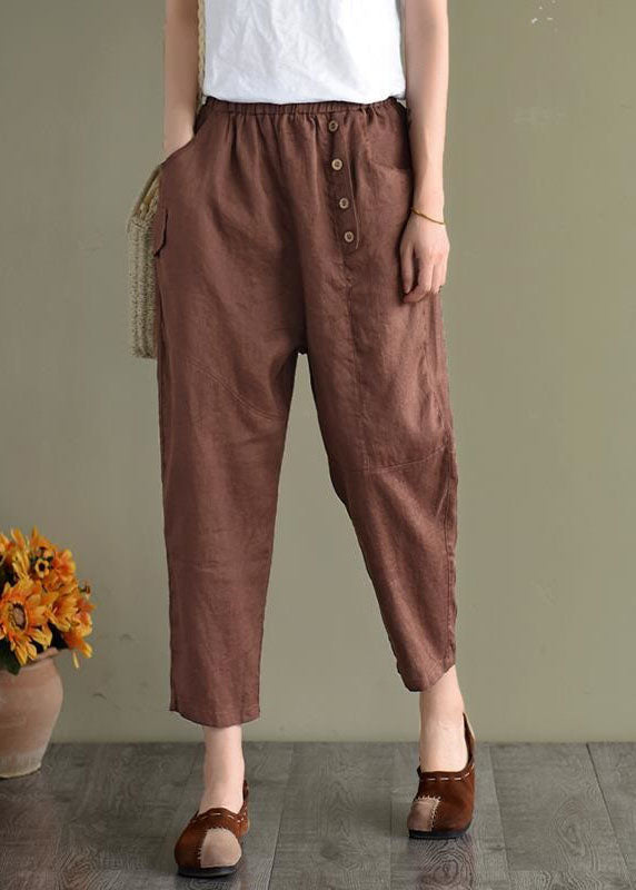 Simple Coffee Pockets Elastic Waist Cotton Crop Pants Spring