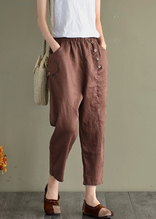 Simple Coffee Pockets Elastic Waist Cotton Crop Pants Spring