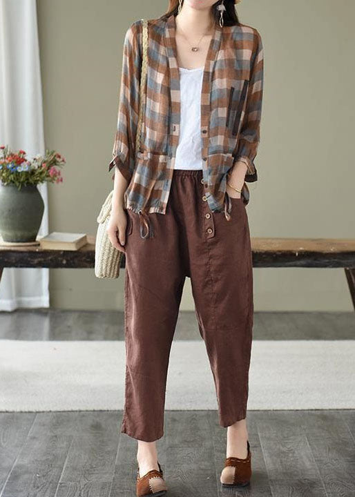 Simple Coffee Pockets Elastic Waist Cotton Crop Pants Spring