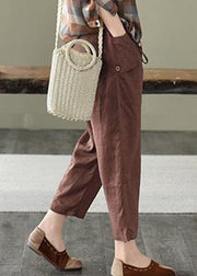 Simple Coffee Pockets Elastic Waist Cotton Crop Pants Spring