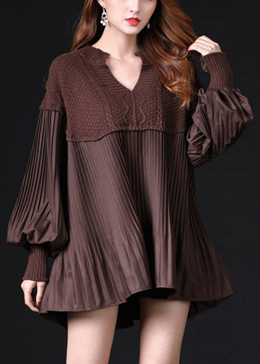 Simple Chocolate Ruffled Knit Knitted Tops lantern sleeve