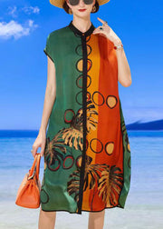 Simple Colorblock Multi Stand Collar Print Silk Beach Dresses Summer