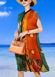 Simple Colorblock Multi Stand Collar Print Silk Beach Dresses Summer