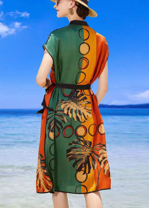 Simple Colorblock Multi Stand Collar Print Silk Beach Dresses Summer