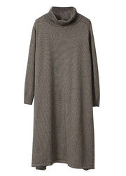 Simple Dark Grey Turtleneck Striped Patchwork Woolen Dress Fall