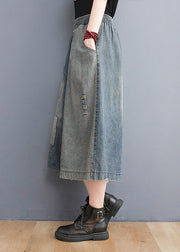 Einfach Denim Blau Elastische Taille Loch Applikation Baumwolle Gerade Hosen Sommerhose