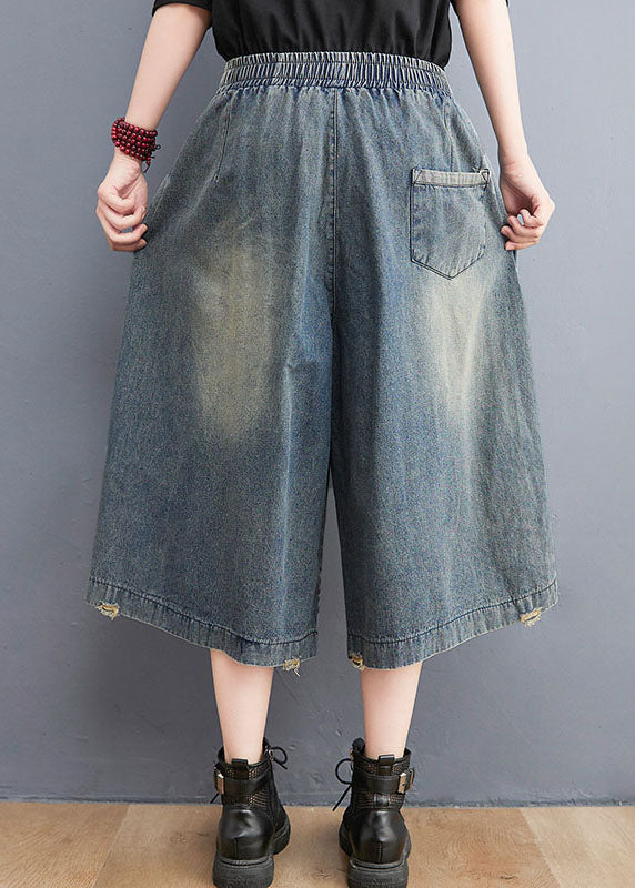 Simple Denim Blue Elastic Waist Hole Applique Cotton Straight Pants Trousers Summer