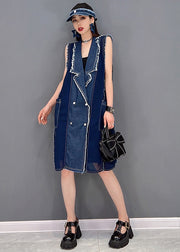 Simple Denim Blue Peter Pan Collar Tassel Patchwork Chiffon Mid Dresses Sleeveless