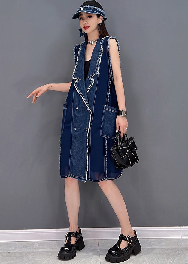 Simple Denim Blue Peter Pan Collar Tassel Patchwork Chiffon Mid Dresses Sleeveless