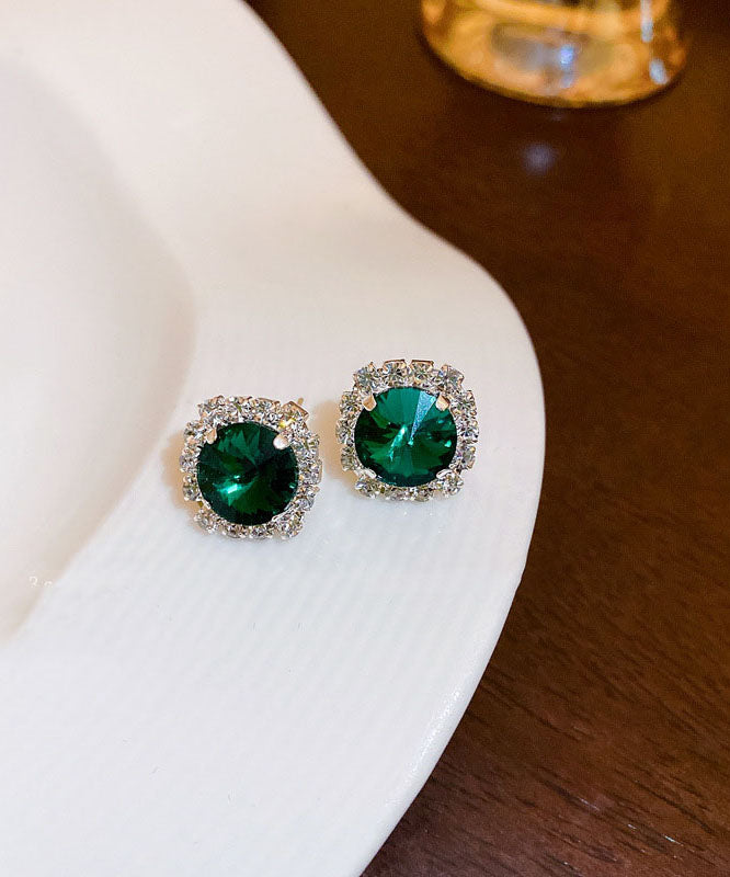 Simple Emerald Green Copper Zircon Crystal Square Stud Earrings