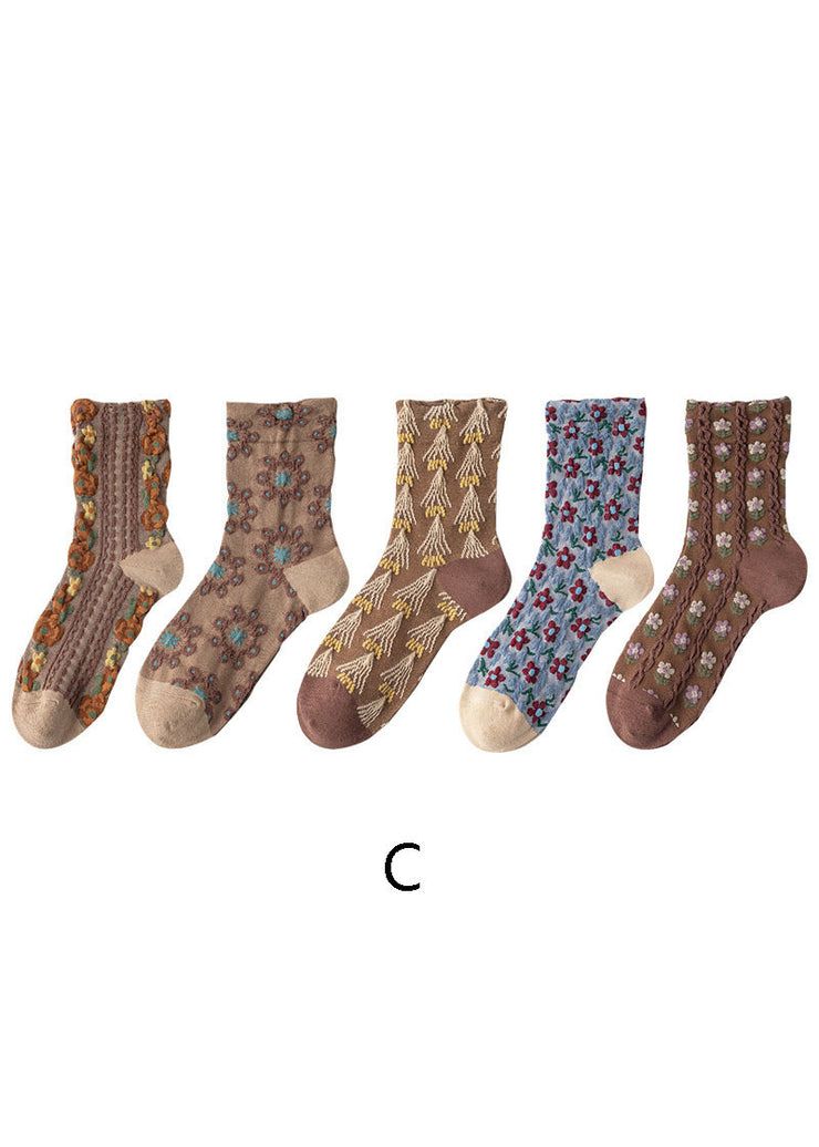 Simple Floral Jacquard Cotton Crew Socks