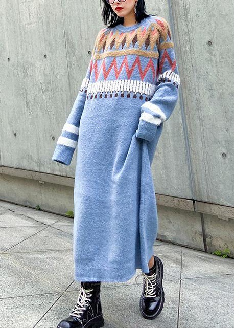 Simple Geometric Sweater winter dresses Classy blue o neck Fuzzy knit dresses - bagstylebliss
