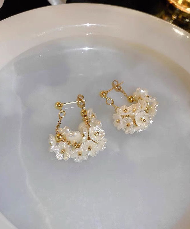 Simple Gold Alloy Pearl Floral Tassel Drop Earrings