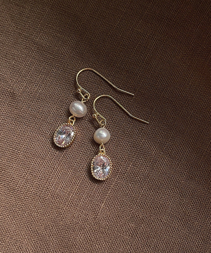 Simple Gold Sterling Silver Overgild Zircon Pearl Geometry Drop Earrings