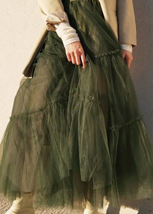 Simple Green Cinched high waist Tulle Skirts Spring