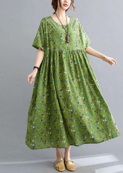 Simple Green Circle O-Neck Print Summer Loose Maxi Dresses Half Sleeve - bagstylebliss