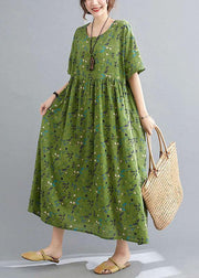 Simple Green Circle O-Neck Print Summer Loose Maxi Dresses Half Sleeve - bagstylebliss