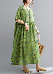 Simple Green Circle O-Neck Print Summer Loose Maxi Dresses Half Sleeve - bagstylebliss