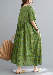 Simple Green Circle O-Neck Print Summer Loose Maxi Dresses Half Sleeve - bagstylebliss