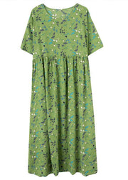 Simple Green Circle O-Neck Print Summer Loose Maxi Dresses Half Sleeve - bagstylebliss