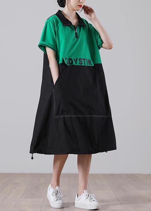 Simple Green Graphic Cotton Pockets Summer Party Dress - bagstylebliss