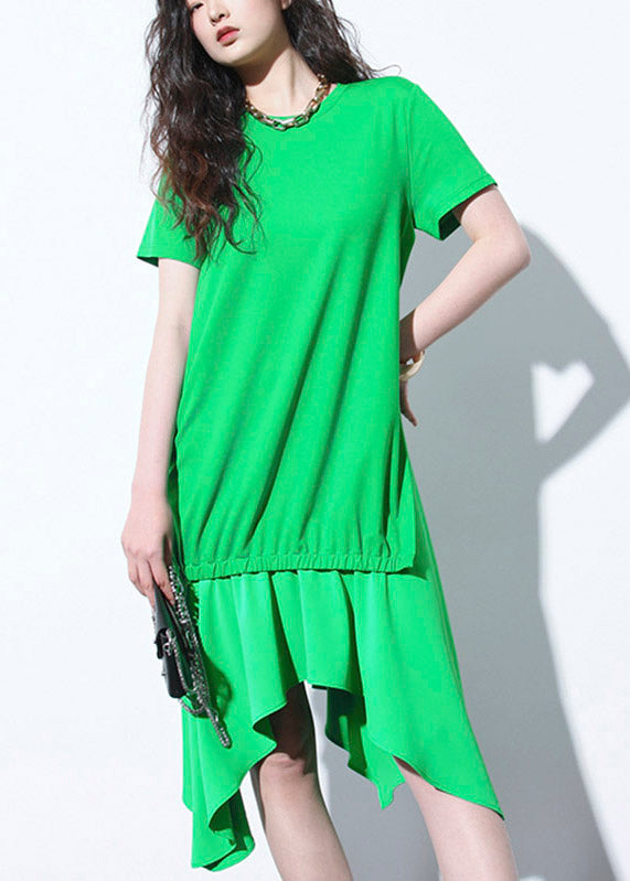 Simple Green O-Neck Asymmetrical Design Patchwork Wrinkled Long Dress Short Sleeve