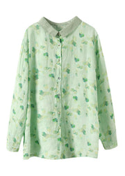 Simple Green Peter Pan Collar Print Ramie Shirt Long Sleeve