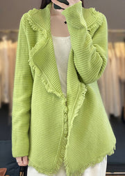 Simple Green Peter Pan Collar Tasseled Patchwork Wool Cardigan Fall