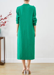 Simple Green Stand Collar Chinese Button Knitwear Dress Fall