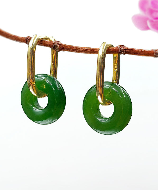 Simple Green Sterling Silver Overgild Jade Ping An Buckle Drop Earrings