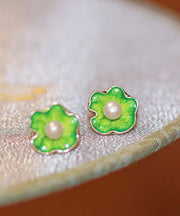 Simple Green Sterling Silver Pearl Lotus Stud Earrings