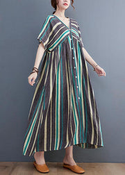 Simple Green Striped V Neck Patchwork Cotton Linen Long Dress - bagstylebliss