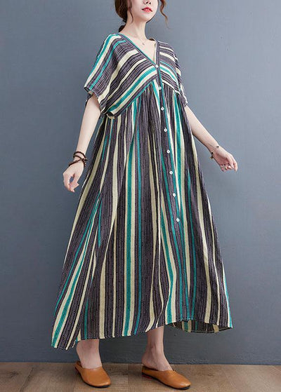 Simple Green Striped V Neck Patchwork Cotton Linen Long Dress - bagstylebliss