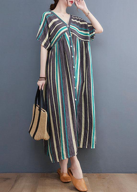 Simple Green Striped V Neck Patchwork Cotton Linen Long Dress - bagstylebliss