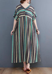 Simple Green Striped V Neck Patchwork Cotton Linen Long Dress - bagstylebliss