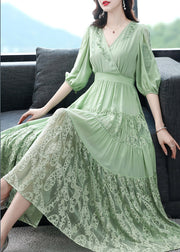 Simple Green V Neck Embroidered Floral Elastic Waist Silk Long Dress Short Sleeve