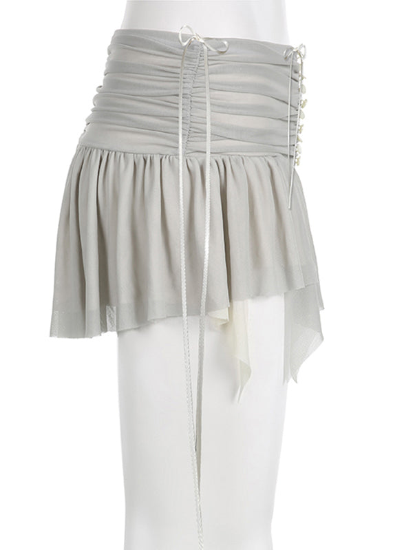 Simple Grey Tasseled Wrinkled Patchwork Tulle Skirt Summer