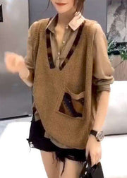 Simple Khaki Loose V Neck Pockets Fall Knit Vest