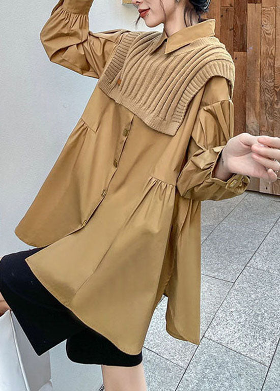 Einfache Khaki Bubikragen Cinched Shirt Strickweste Zweiteiler Set Frühling