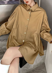 Einfache Khaki Bubikragen Cinched Shirt Strickweste Zweiteiler Set Frühling