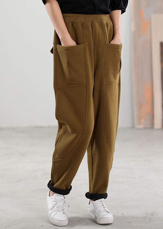 Simple Khaki Pockets Warm Fleece Pants Winter