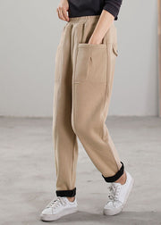 Simple Khaki Pockets Warm Fleece Pants Winter