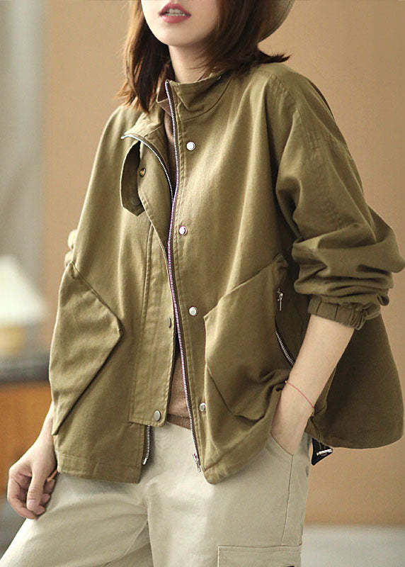 Simple Khaki Stand Collar Zippered Pockets Button Fall Jacket Long Sleeve